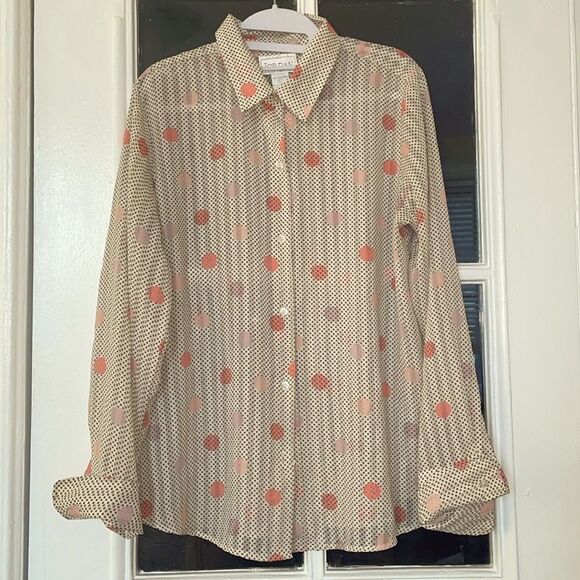 Jordan sheer polka dot pink circle cream long sleeve button down blouse shirt - Picture 1 of 16